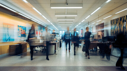 A diverse group of professionals, both men and women, in an energetic office environment, showcasing dynamic motion and collaboration.