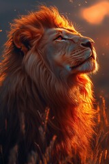 Naklejka premium close up of majestic expression of lion surrounded by savannah with orange sunset