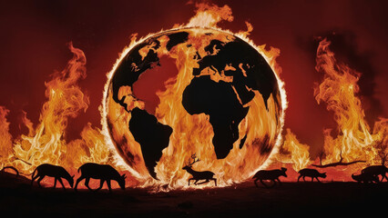 Global wildlife crisis earth ablaze nature's struggle environmental awareness dramatic imagery urgent appeal