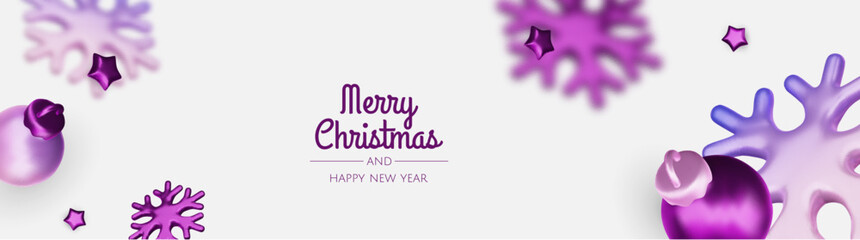 Happy New Year and Merry Christmas. Christmas holiday background with realistic 3d objects, violet and white bauble balls, conical metal stars, gift. Levitation falling design composition.
