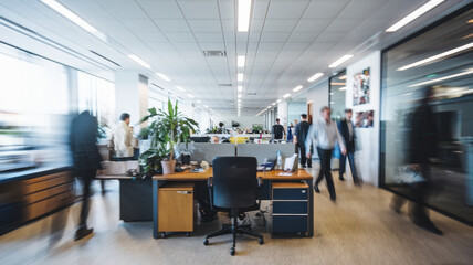 A dynamic office environment with blurred motion of diverse professionals, showing a vibrant workspace filled with plants and modern decor.