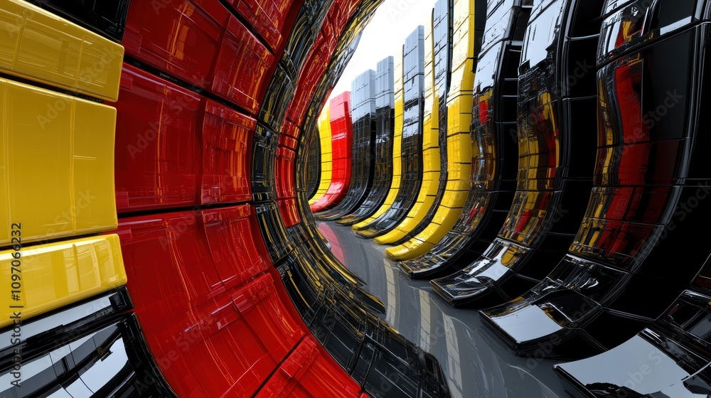 Poster Abstract design featuring curved layers in black, yellow, and red, creating a dynamic visual effect.