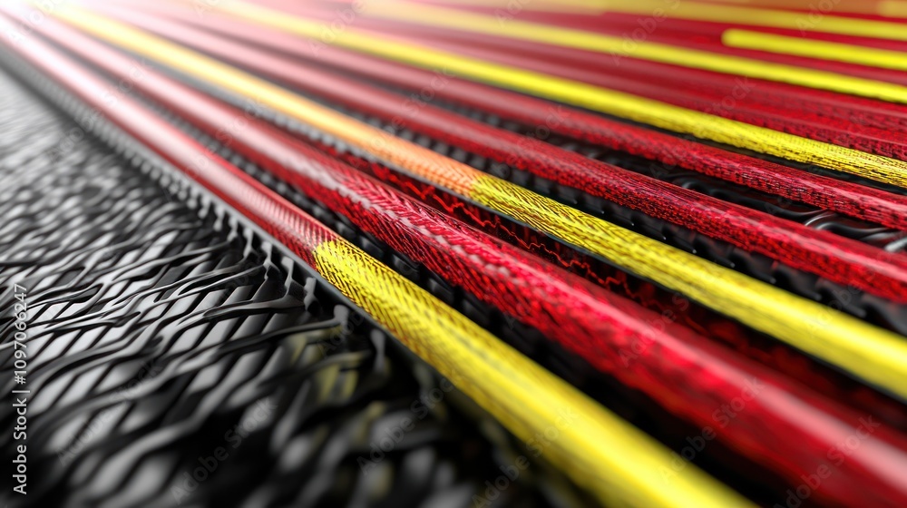 Poster Abstract composition of red and yellow lines on a textured black surface.