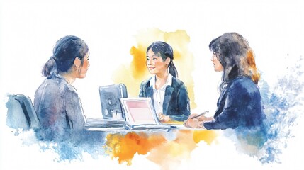 A Watercolor Depiction of a Business Meeting: Professional Women Collaborating in the Office