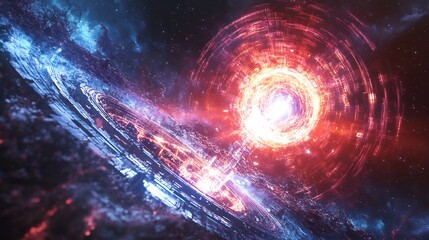 Fototapeta premium Hyperrealistic depiction of a Type II civilizations AIpowered energy harvesting operations on a neutron star focusing on the role of quantum field theory in managing extreme energy conditions