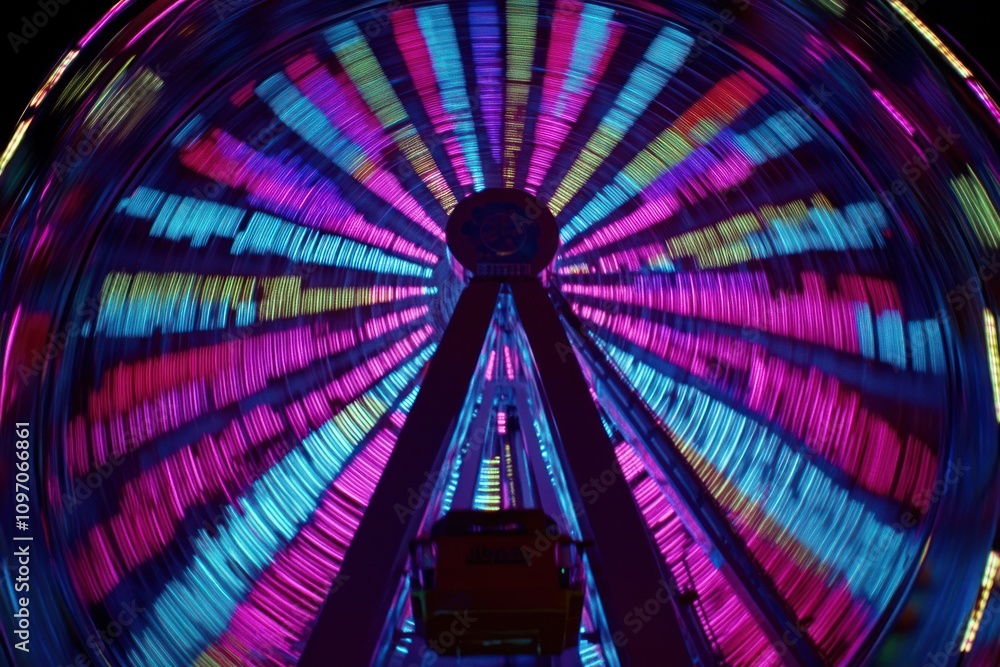Poster A vibrant ferris wheel illuminated with colorful lights, creating a dynamic visual display.