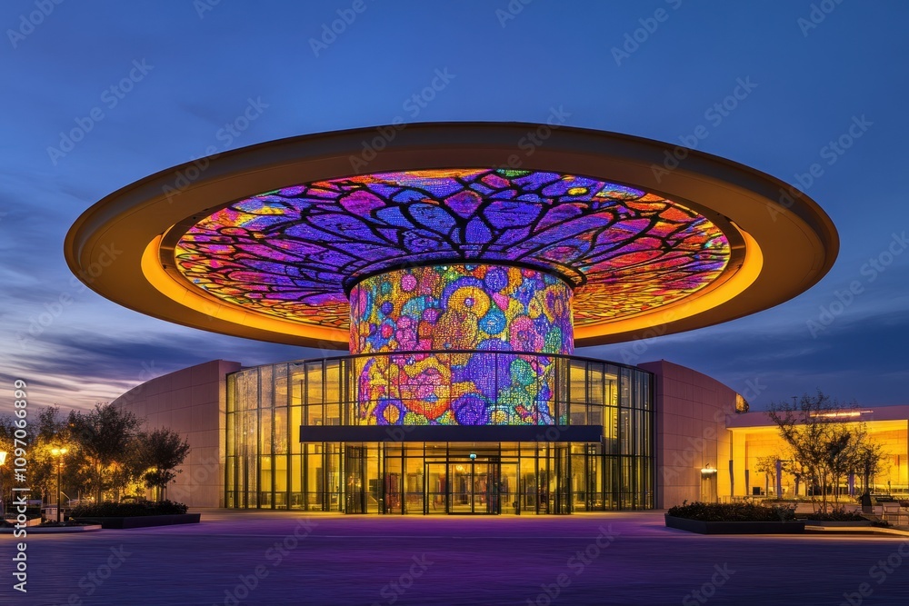 Poster A colorful, illuminated building with a vibrant ceiling design at dusk.