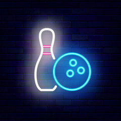 Bowling club. Ball and pin neon icon. Strike winning. Sport tournament sign. Vector stock illustration