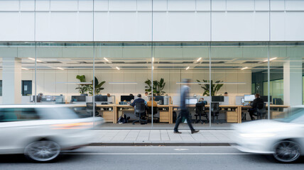 A modern open-plan office with diverse professionals working at desks, while vehicles pass by on the street outside, creating a dynamic urban scene.