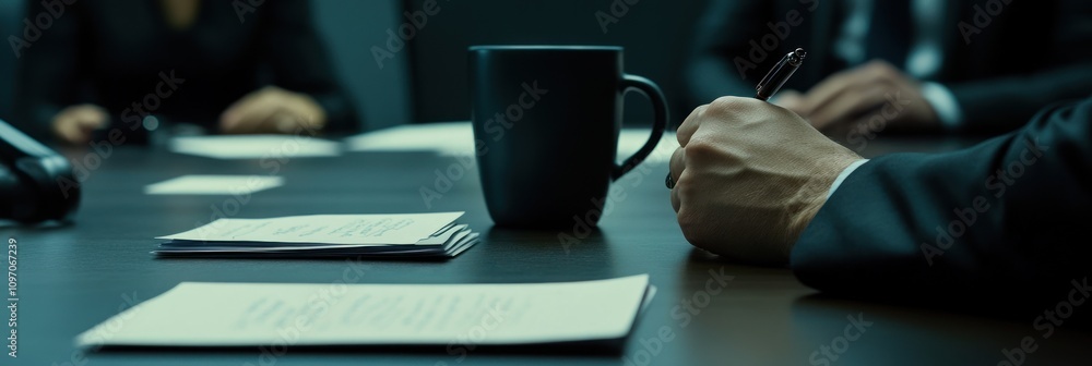 Poster a close-up of a business meeting setting with documents and a coffee mug.