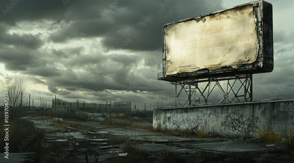 Poster A desolate landscape featuring an empty billboard under a moody sky.