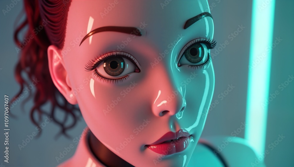 Poster ai humanoid robot face close up. female android looks at camera. cyberpunk style. realistic 3d model