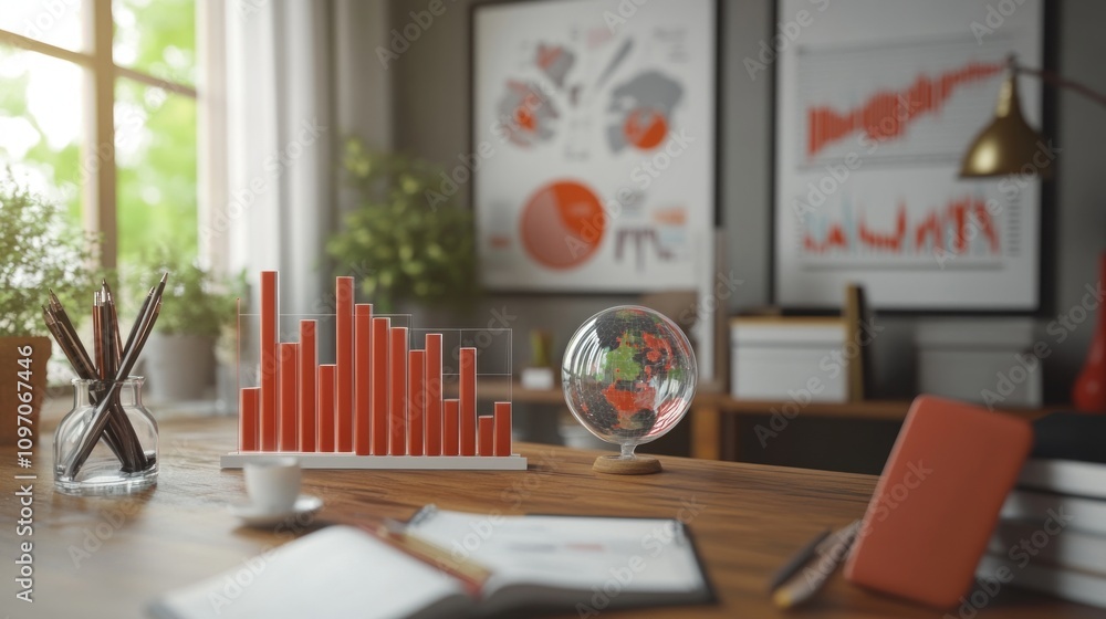 Poster a workspace with charts, a globe, and books, emphasizing data analysis and organization.