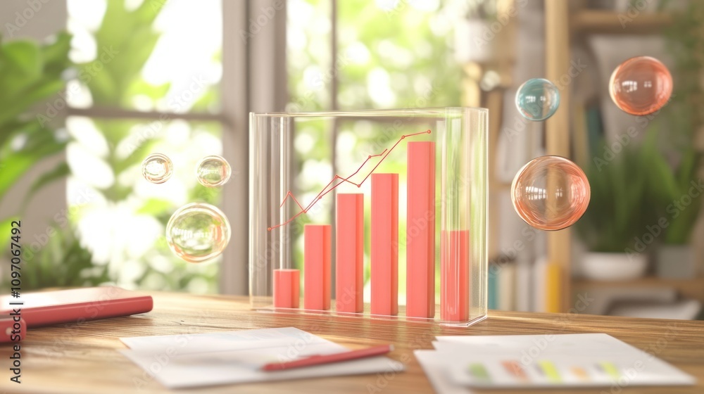 Poster A colorful bar graph with bubbles, representing data analysis in a bright workspace.