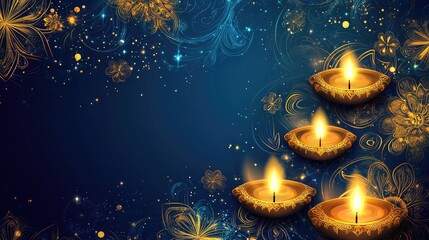 Fototapeta premium Deep blue and gold luxury Diwali wallpaper with glowing diyas, sparkling patterns, and festive vibes