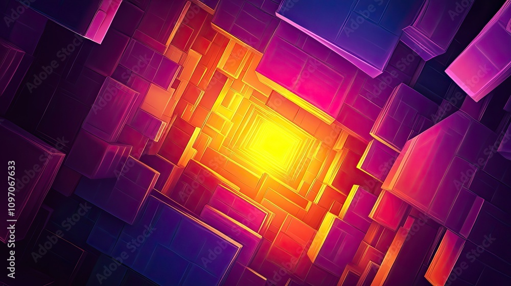 Poster dynamic geometric neon lights arranged in a tunnel effect, with luminous rectangles and a deep dark 