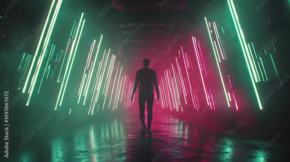 Poster dynamic geometric neon lights arranged in a tunnel effect, with luminous rectangles and a deep dark 