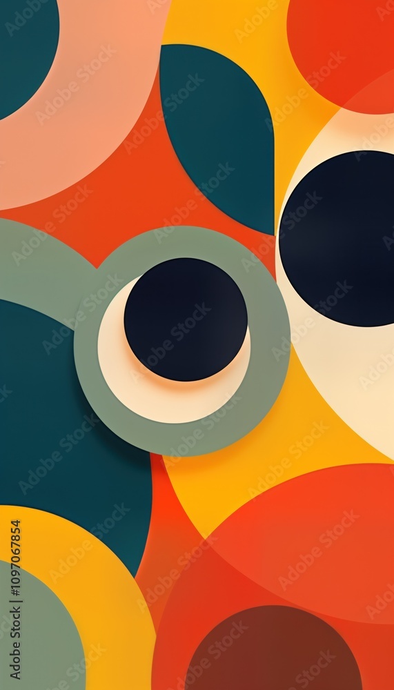 Poster abstract art features bold color circles. geometric shapes overlap creating dynamic visual impact. m