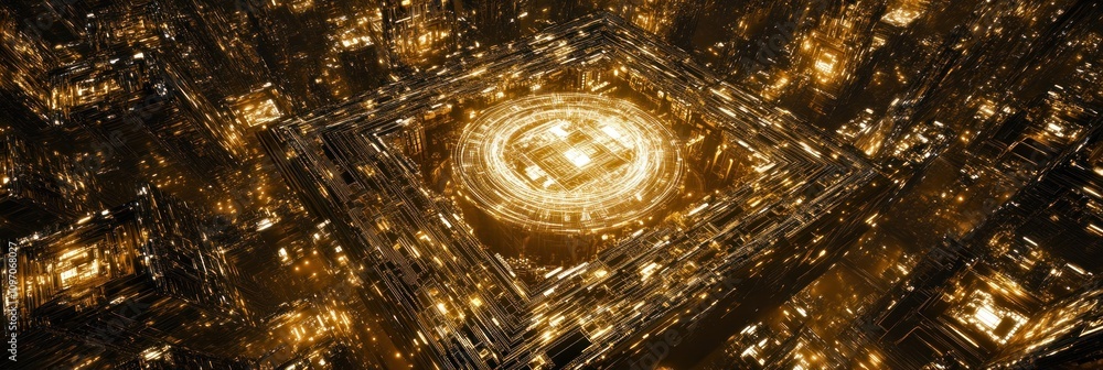 Aufkleber A futuristic digital landscape with intricate patterns and glowing elements.