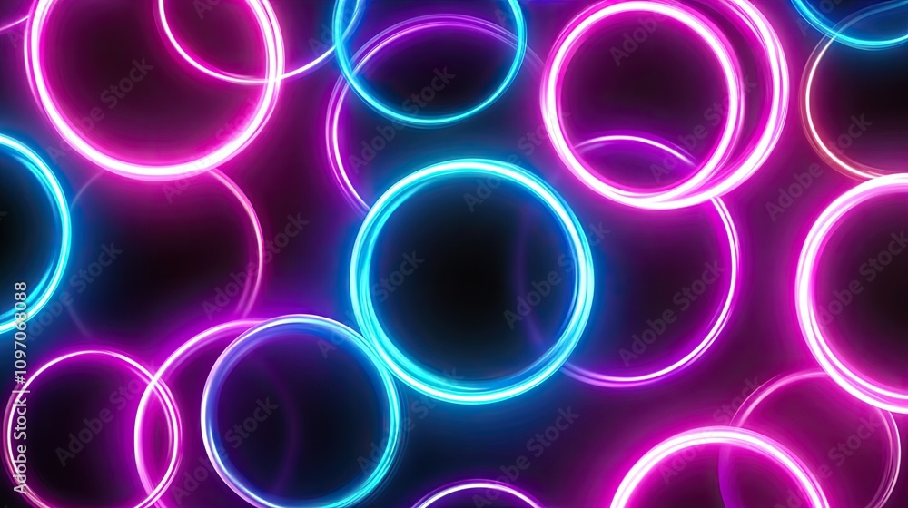 Poster geometric neon shapes glowing in a mesmerizing loop pattern, featuring bright cyan and magenta tones