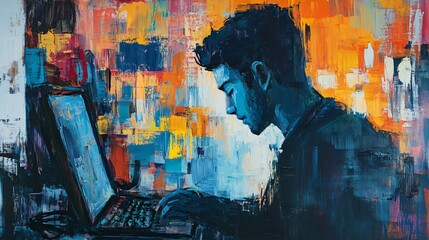 Fototapeta premium Abstract Painting of a Man Working on a Laptop: A Captivating Blend of Modern Technology and Artistic Expression in a Colorful Office Setting