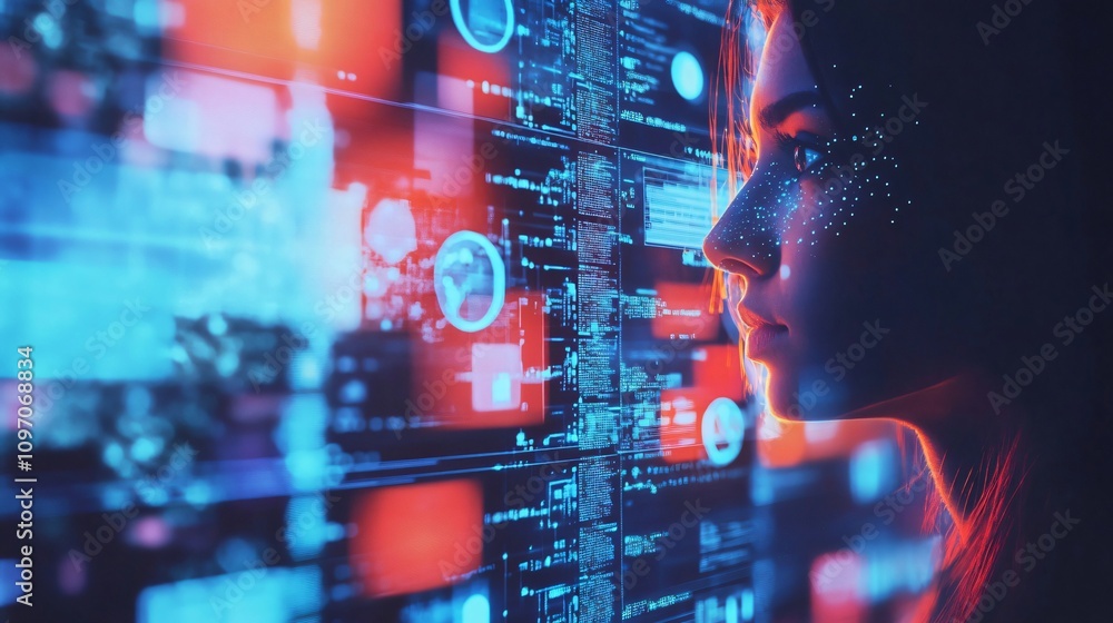 Poster immersive digital interface: woman and technology merge in a symphony of data and light. explore the
