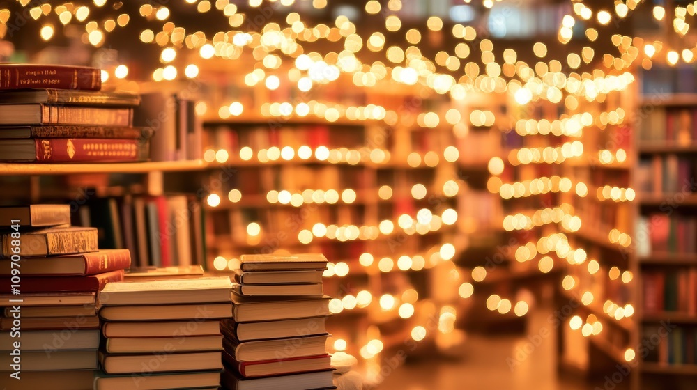 Poster a cozy library with glowing lights and stacked books, creating a warm reading atmosphere.