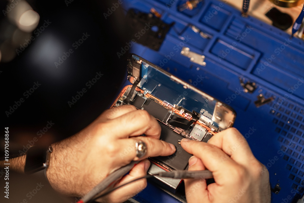 Poster Technician performing smartphone battery repair in a workshop with tools and components while focused on detail