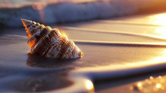Spiral seashell resting on sandy beach during sunset with gentle waves lapping at the shore