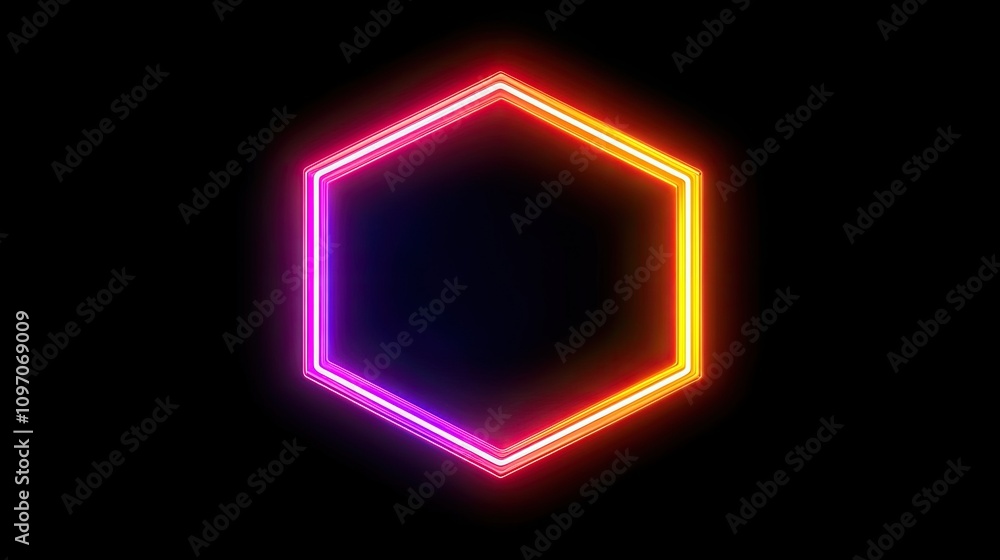 Poster neon lights forming a glowing hexagon pattern with radiant edges and a dark gradient background for 