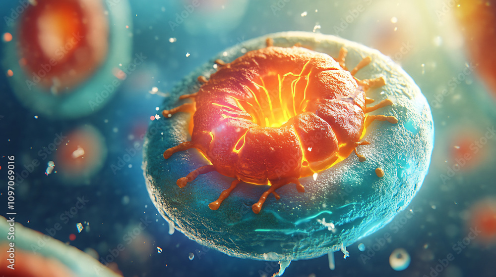 Poster Examining the microscopic perspective of a virus invading a cell, leading to illness and potential health complications