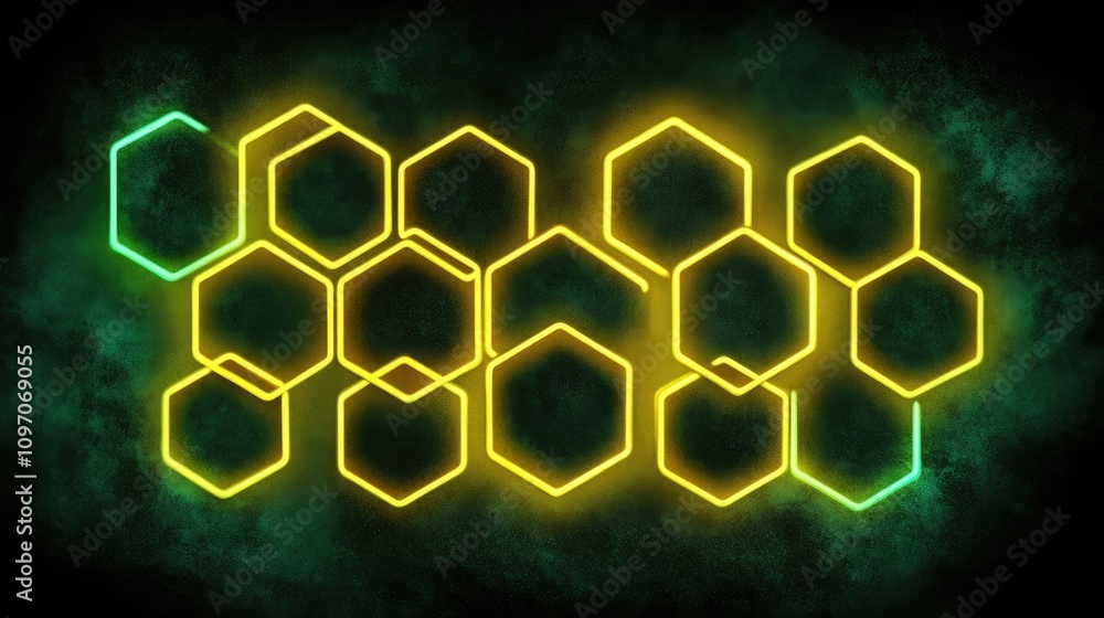 Poster neon lights forming a glowing hexagon pattern with radiant edges and a dark gradient background for 