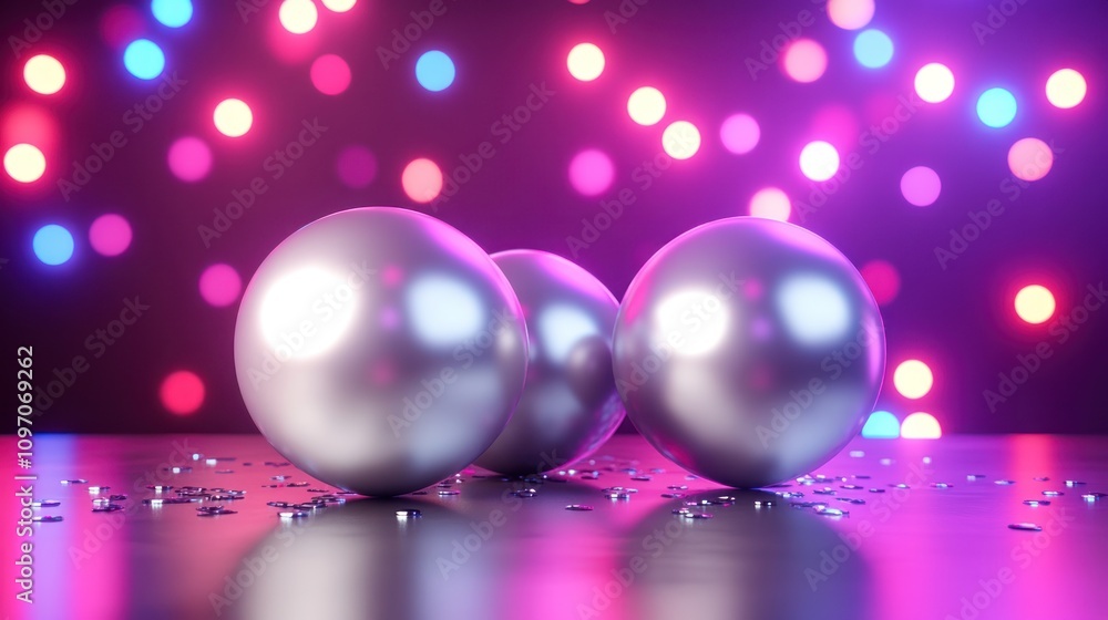 Poster Three shiny spheres on a reflective surface with colorful bokeh lights in the background.