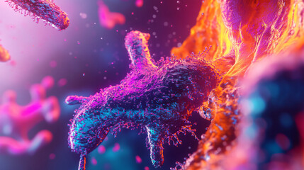 Fototapeta premium Bacteria attacking cells: a colorful and vibrant microscopic scene