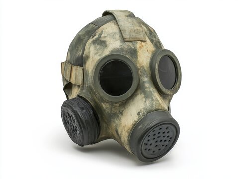 Gas mask with worn texture and dark lenses, isolated on white background - Powered by Adobe