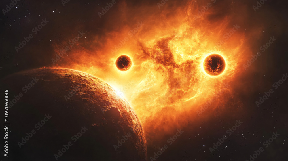 Leinwandbilder two planets are colliding and creating a massive explosion of fire and energy in deep space