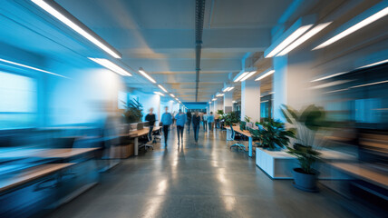 A bustling modern office with a blurred effect, featuring diverse professionals engaged in work, surrounded by plants and ample natural light.