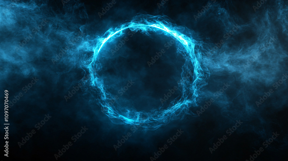 Poster glowing and rotating magic blue energy circle on abstract dark background