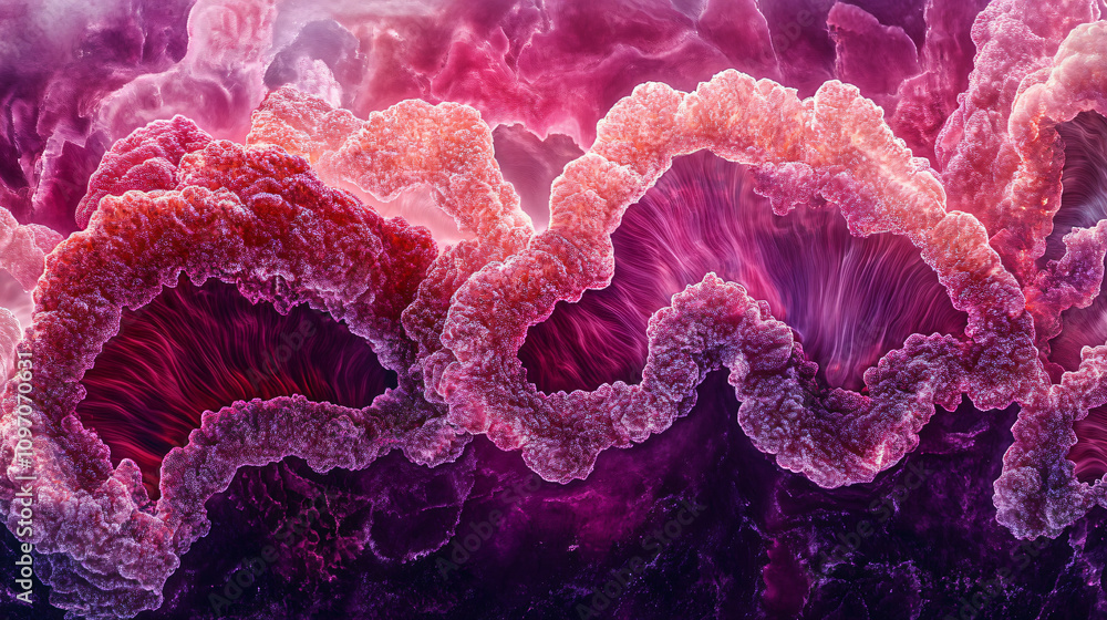 Poster microscopic view of organic tissue with cells dividing and growing, forming complex structures with 