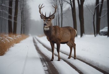 deer on the road in the forest in winter, Czech Republic.  AI generated