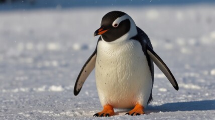Obraz premium Gentoo penguin standing on snow, sunny day.