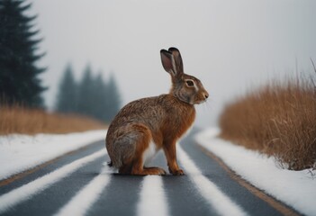 AI generated rabbit on the road in winter. Animal in the nature.