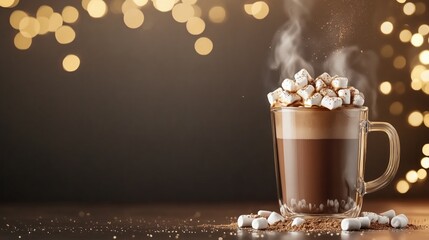 Hot chocolate with marshmallows and bokeh lights. Holiday drink with copy space