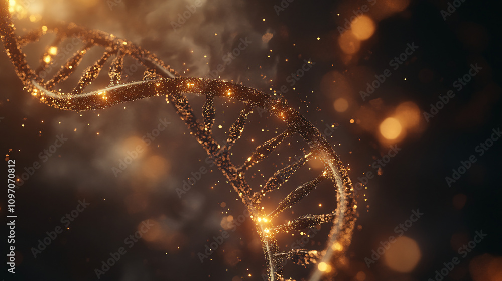 Poster dna helix in gold, creating a intricate pattern with particles and light against a dark abstract bac