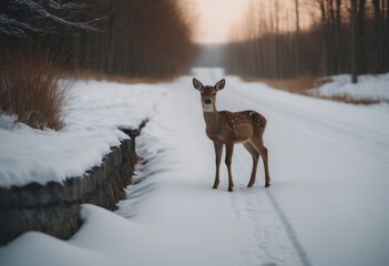 Fallow deer doe in the winter forest on a snowy road. AI generated