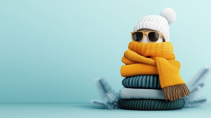 Fototapeta premium Winter accessories stack with hat and scarf on turquoise background. Winter fashion with copy space