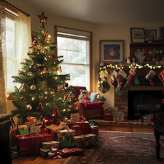 family decorating christmas tree