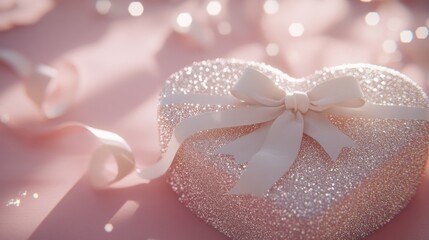 A sparkling heart-shaped gift box adorned with a ribbon, set on a soft pink background.