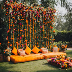 an amazing floral backdrop for a bridal corner with some cozy hangings for an haldi event happening in the lawn, can go bonkers on the colours