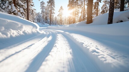 Obraz premium Snow covered forest path with sunlight and pine trees. Winter travel promotion